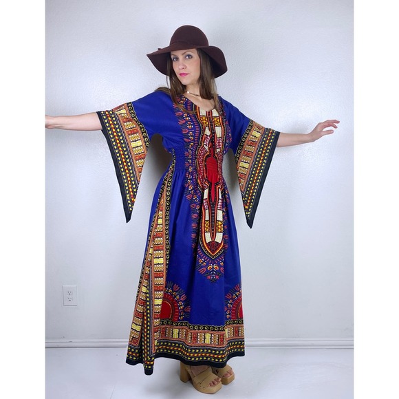 vintage 70s Royal Blue ANGEL SLEEVE DASHIKI s/m/l maxi dress ethnic kaftan bold - Picture 3 of 10